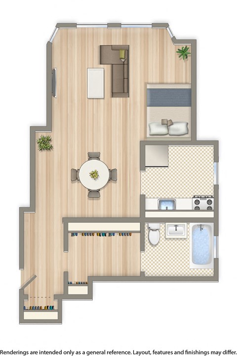 norwood studio apartment floor plan rendering